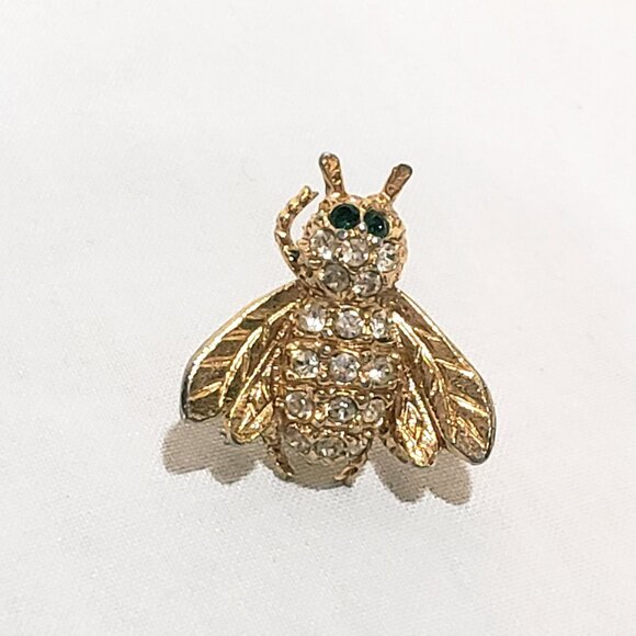 Rhinestone Bee Fly Insect Tie Tack 3/4" Metal Gold tone White Lapel Pin - Picture 2 of 6